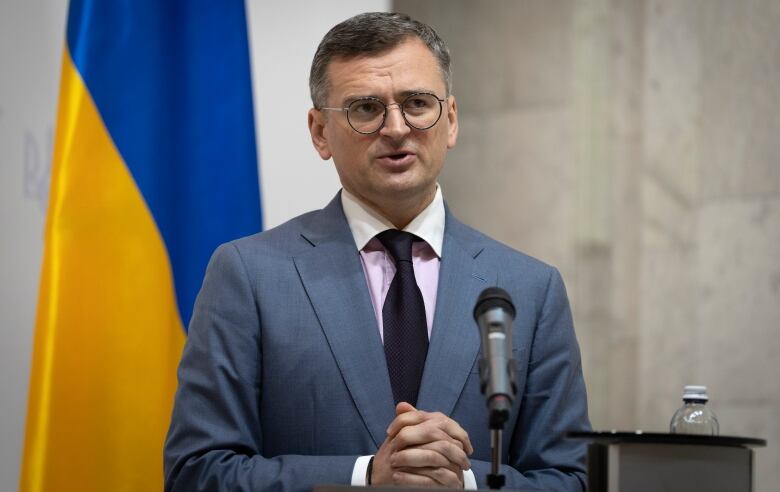 Ukrainian Foreign Minister Dmytro Kuleba speaks during joint press conference with German Foreign Minister Annalena Baerbock in Kyiv, Ukraine, Tuesday, May 21, 2024. (AP Photo/Efrem Lukatsky)