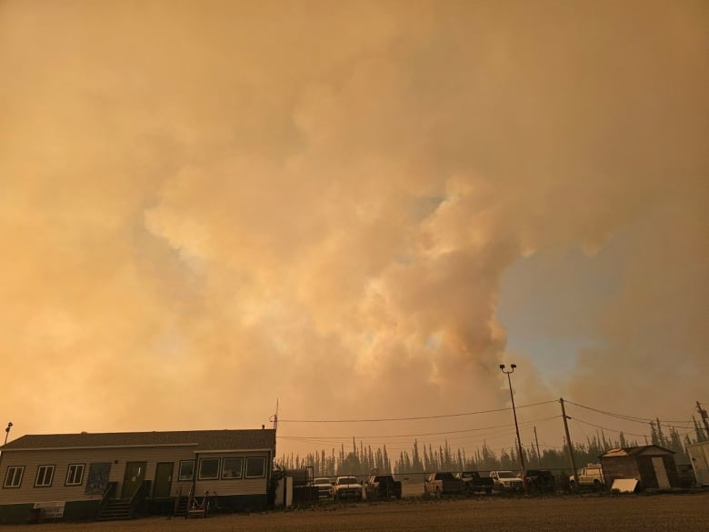 buildings with yellow smoke in the background