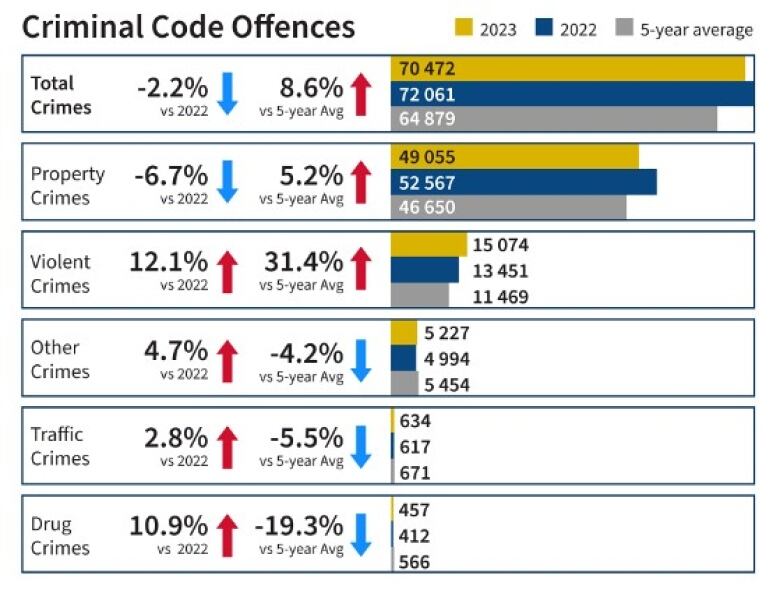 A chart shows the types of crimes that occurred in Winnipeg in 2023.