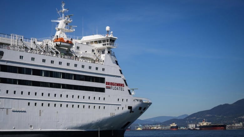 A large white cruise ship is anchored on the ocean.