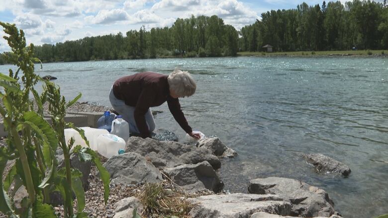 A woman fills a milk jug with water from the banks of a river.