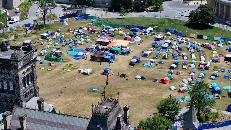 Aerial (drone) images of the Pro-Palestinian protest encampment at University of Toronto's King's College Circle.