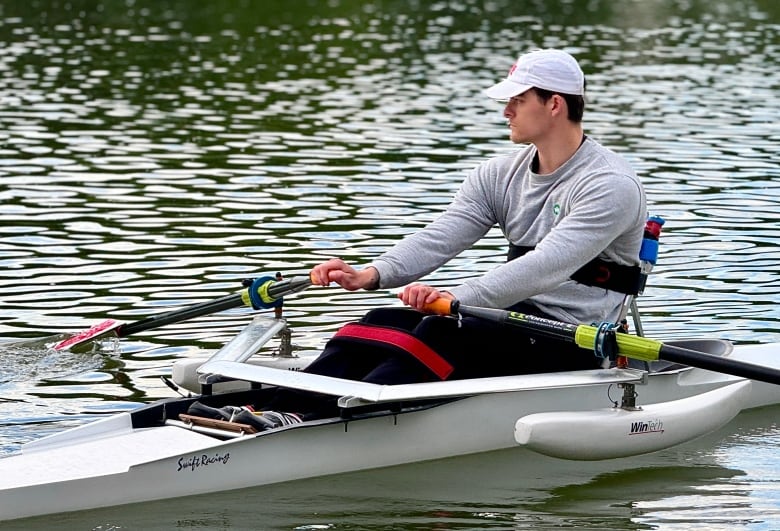 Canadian male Paralympic rower on the South Saskatchewan River in Saskatoon. 