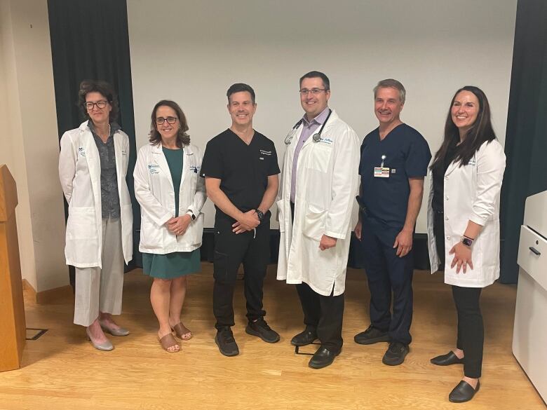 Six doctors lined up next to each other in scrubs and white coats.