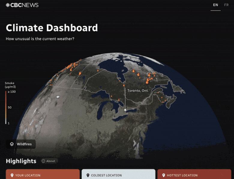 An animation showing a rotating globe with red flames marking wildfires and blocks titled 