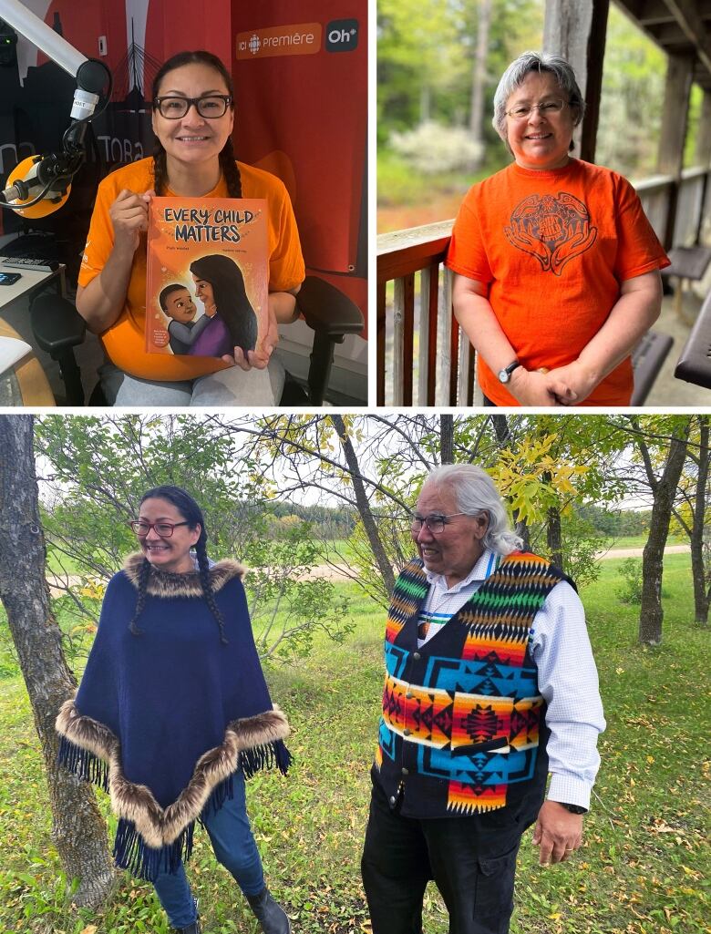 Composite image showing woman holding a book titled, 'Every child matters,' another woman wearing an orange shirt, and a man and woman walking in a country setting.