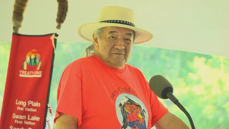 A man in a white-brimmed hat and orange shirt speaks into a microphone.