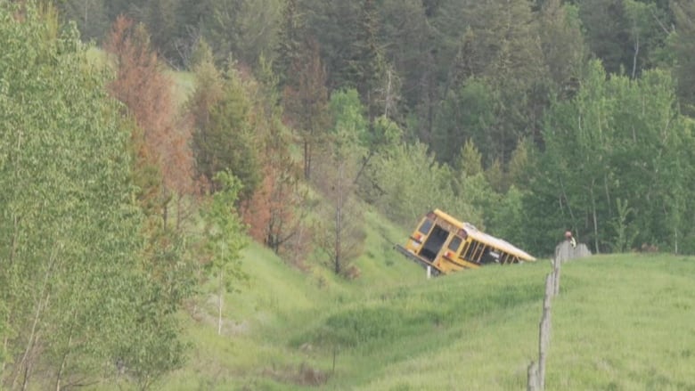 A yellow school bus lodged in a grassy embankment next to a highway. 