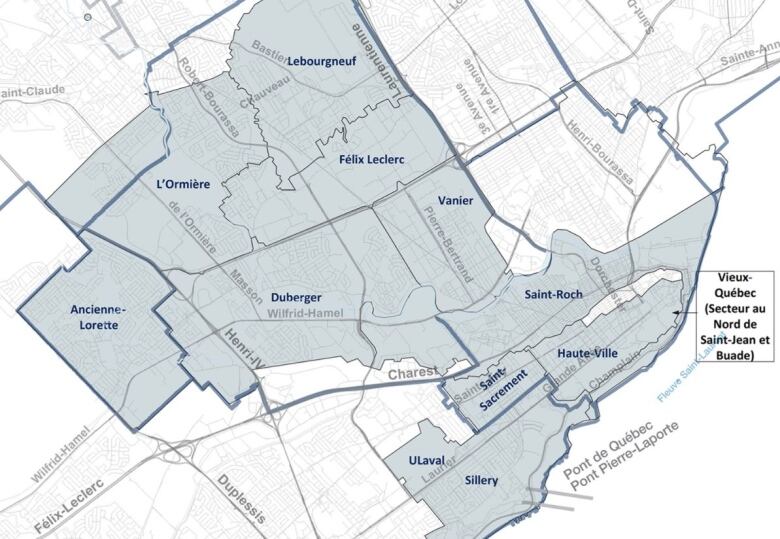 A map of Quebec City with certain sectors highlighted. 