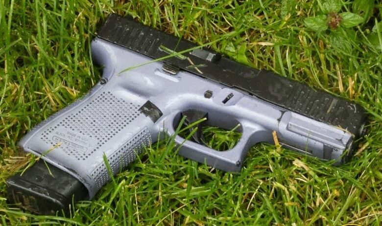 A gun lying in the grass.