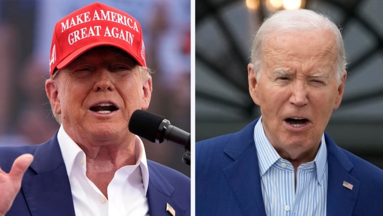 Pics of Biden and Trump side by side, Trump in a red MAGA hat