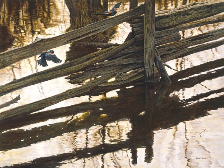 A painting of water reflected through a fence as a red-winged blackbird flies near it.