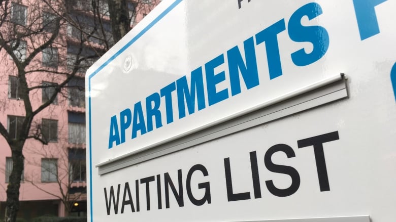 A white sign outside of a highrise with Apartments, Waiting List printed on it.