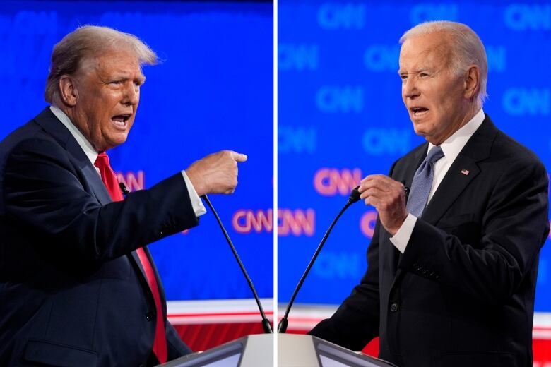 This combination of photos shows Republican presidential candidate former President Donald Trump, left, and President Joe Biden during a presidential debate hosted by CNN, Thursday, June 27, 2024, in Atlanta.