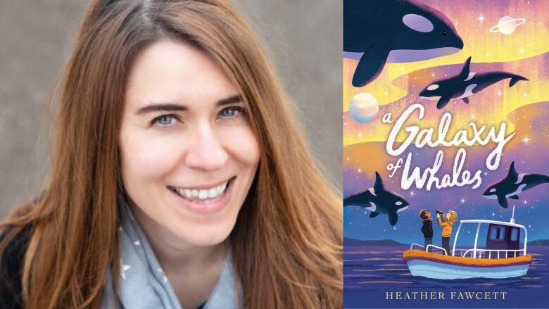 A book cover of A Galaxy of Whales by Heather Fawcett, which shows a boat on the sea with two children on it, one holding a camera. Whales jump over the boat with a sunset in the background. The book's author, a woman with long brown hair, smiles at the camera. 