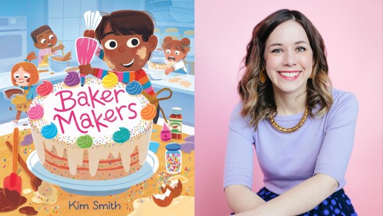 A book cover of Baker Makers by Kim Smith, showing a large cake on the front and a little boy pipping icing onto it, spelling out the title of the book. Other children are in the background also baking. The author / illustrator smiles at the camera.