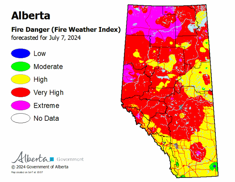 Map of fire danger forecasted for July 7, 2024.