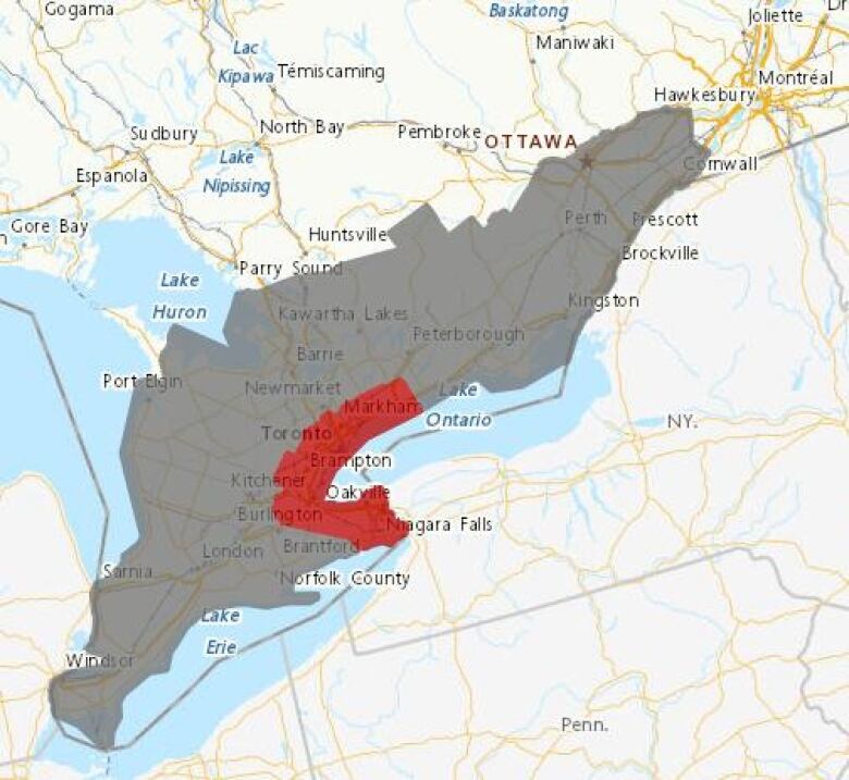 Map showing the weather statements and warnings in place across parts of Ontario and Quebec as of 5 p.m. on July 8, 2024. 