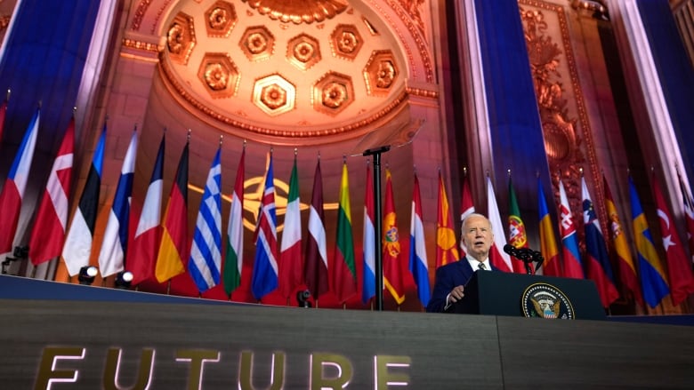 U.S. President Joe Biden delivers remarks on the 75th anniversary of NATO at the Andrew W. Mellon Auditorium on Tuesday, July 9, 2024 in Washington.