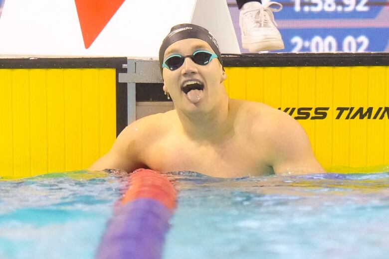 Saskatoon Blake Tierney with a big smile on face after setting 200 meter backstroke Canadian record.