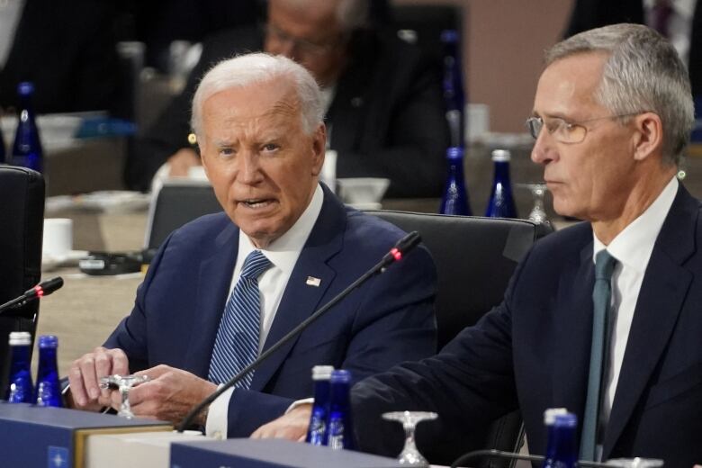 U.S. President Joe Biden speaks during a meeting at NATO's 75th anniversary summit in Washington, U.S., July 10, 2024.