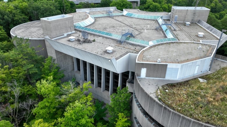 A drone view of Ontario Science Centre roof following closure by the province following report of damage in June 2024.