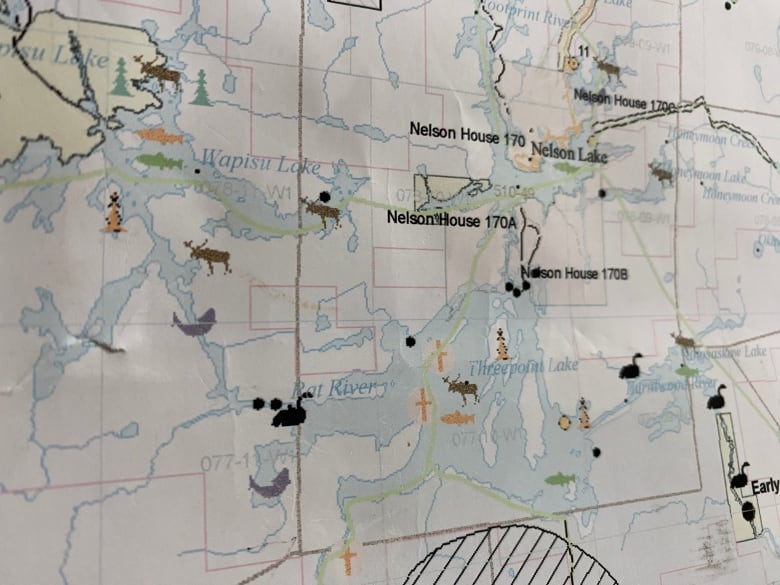 A map with fish and moose icons on it. There is also one that looks like the lochness monster but it means ducks.