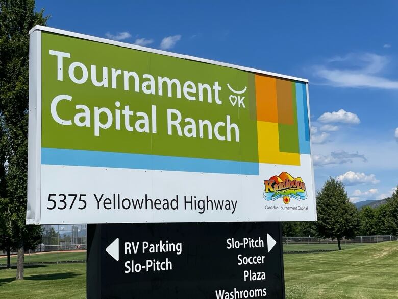 A sign reading 'Tournament Capital Ranch' is pictured outdoors, with an address pointing to 5375 Yellowhead Highway.