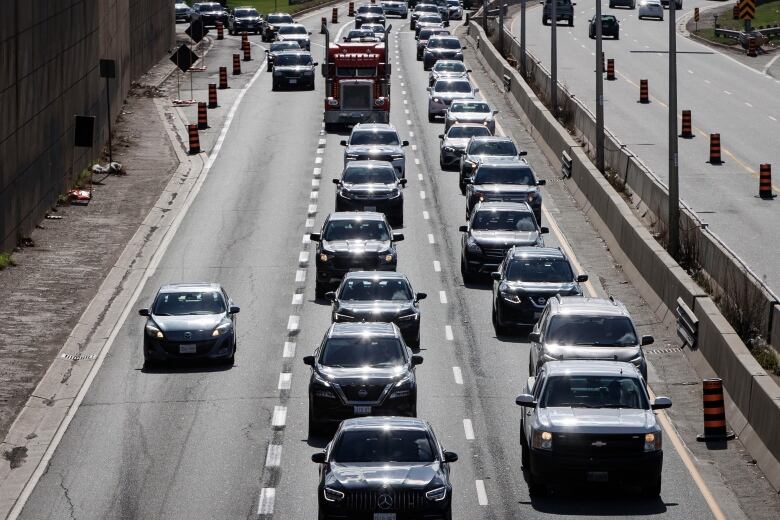 Cars backed up on a highway.