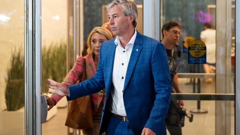 Nova Scotia Premier Tim Houston leaves a meeting between Canada's premiers and Indigenous leaders at the Council of the Federation meetings in Halifax on Monday, July 15, 2024.