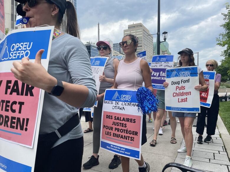 A group of workers walk down a sidewalk holding signs and chanting. 