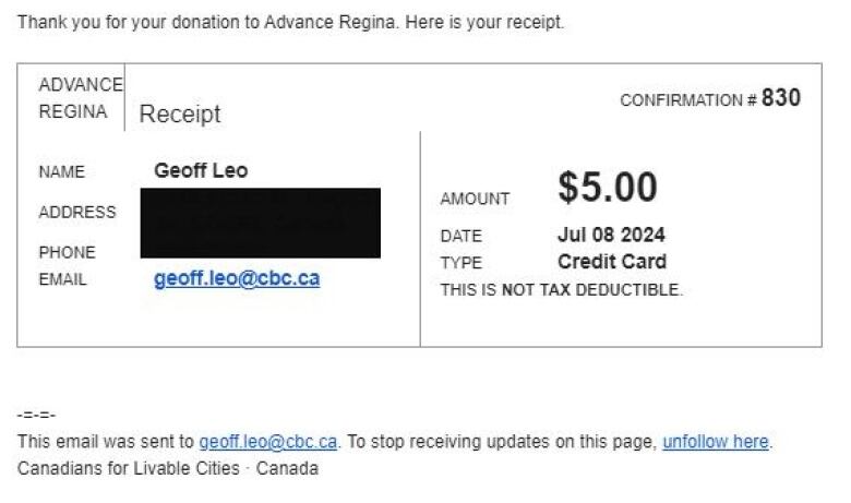 The donation receipt from Advance Regina made mention of a separate organization - Canadians for Livable Cities. 