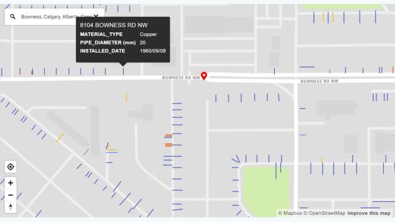 Map of Bowness Road showing water pipes in the area, with a black banner describing the details of one pipe.