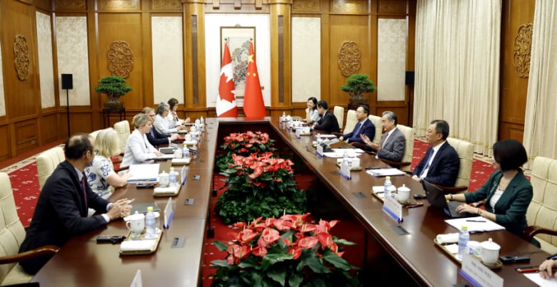 Foreign Affairs Minster Mlanie Joly and Chinese Foreign Minister Wang Yi sit down for diplomatic discussions with their teams Friday in Beijing