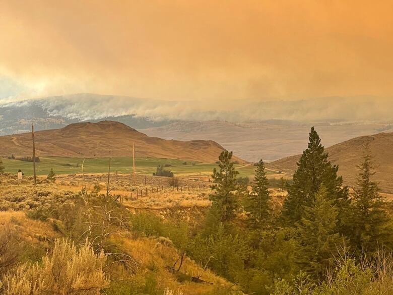 A smoky sky over hills and shrubs