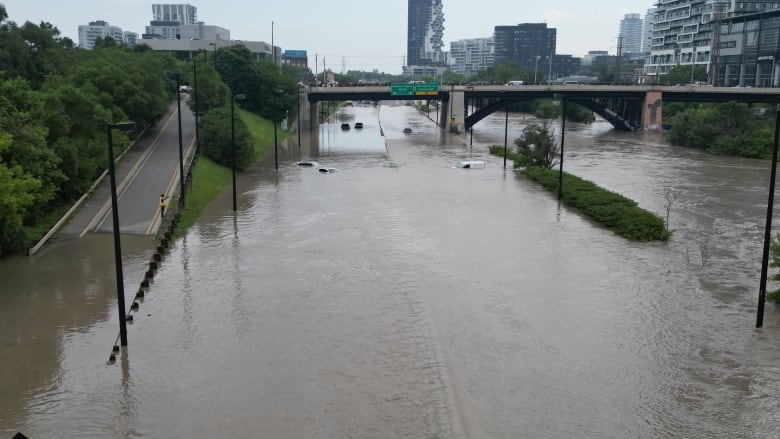 The Don Valley Parkway is flooded by the river next to it. It's a grey, rainy day. Half a dozen cars are stuck in the water. Just the roofs are showing