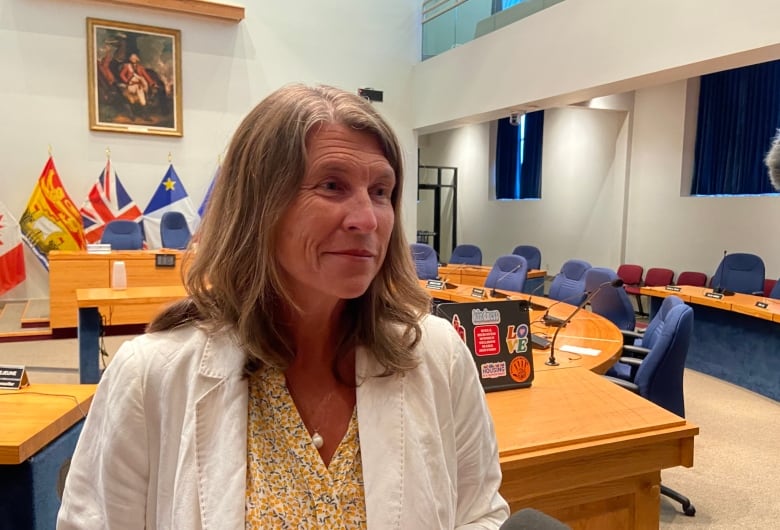 Kate Rogers speaks inside Fredericton council chambers.