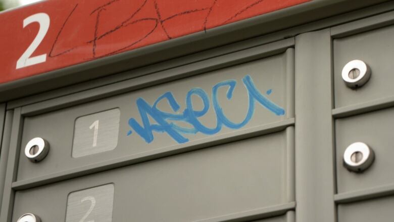 A blue graffiti tag marks a mail slot.