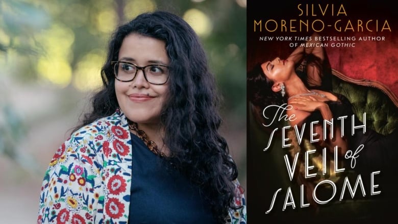 A Latina woman with curly black hair and glasses looking to the left. A book cover of a woman sitting on a emerald chair wearing jewelry and leaning back. 