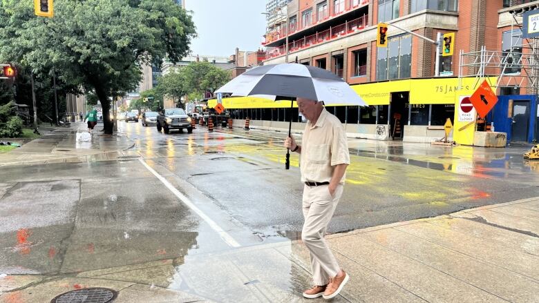 A man walking with an umbrella.