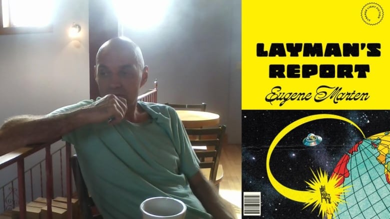 A bald man is sitting in a chair with a mug in front of him. His arm is resting on the railing behind him. A book cover shows an illustrated globe from space beside a chair surrounded by yellow spikes and a space ship. 