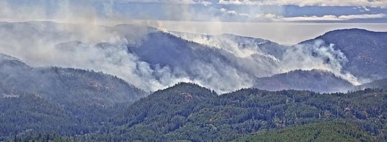 Wisps of smoke arise from a series of forested hills.