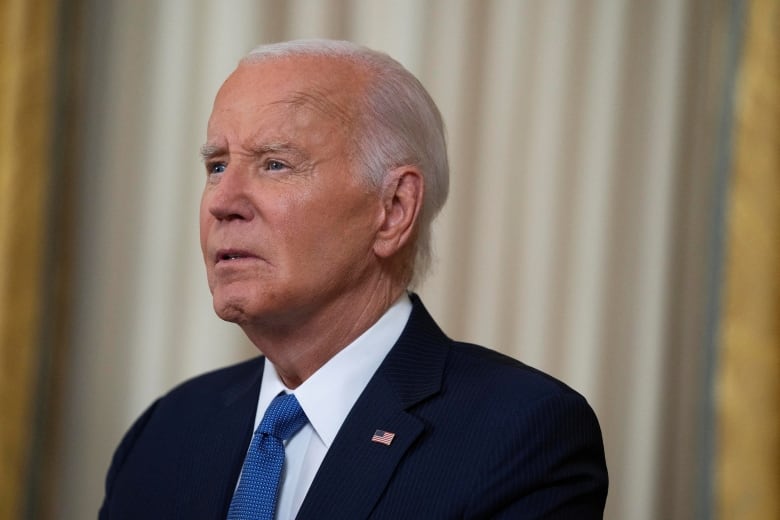 A man with white hair, a navy suit and a blue tie speaks from inside the White House.