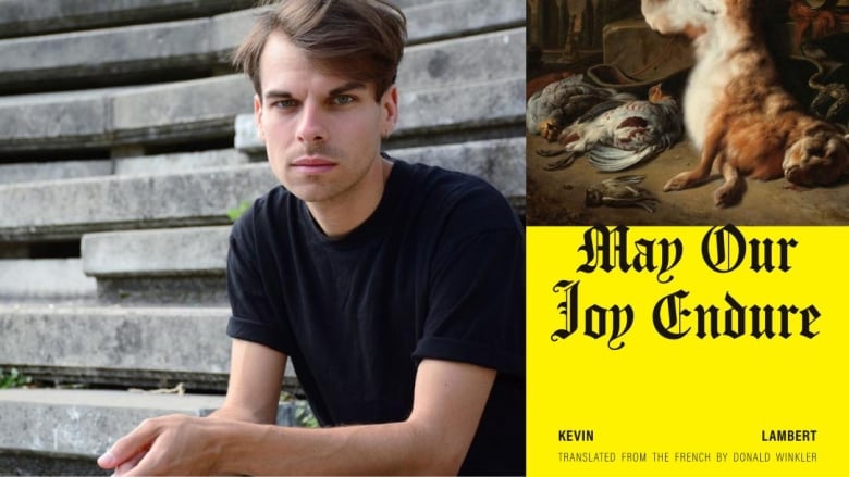 A white man with brown hair sits on a step, staring into the camera. A book cover shows a dead bird and rabbit lying on the ground. 