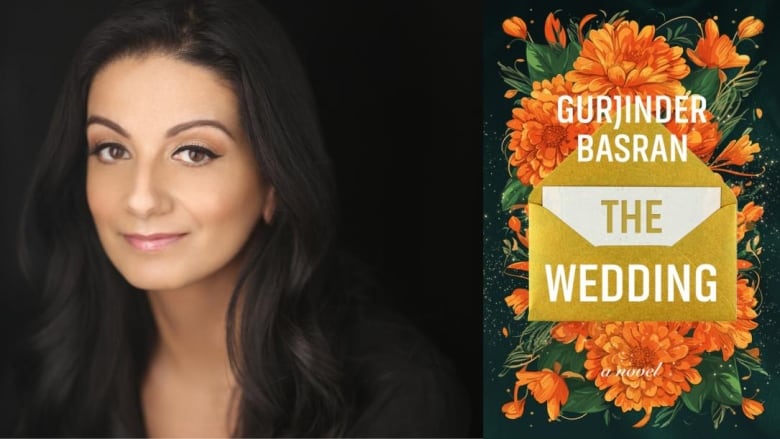 A woman with long black hair looks into the camera. A book cover shows an open envelope in front of a bouquet of orange flowers. 