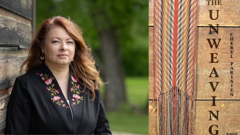 A woman with long brown hair leans against a wooden wall. A book cover shows a multi-coloured woven banner against a wooden background.