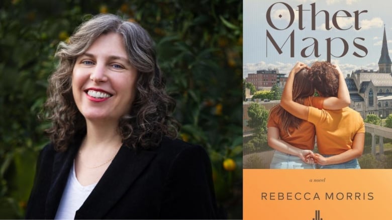 A white woman with long grey hair smiles into the camera. A book cover shows two girls from behind holding hands in front of a city. 