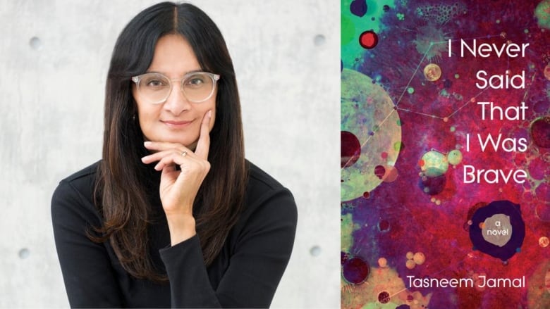 A woman with long brown hair and glasses looks into the camera with her hand on her chin. A book cover shows a constellation and the outline of planets on a colourful background.