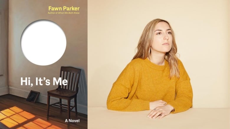 A book cover shows a room with an empty chair and a hole in the middle of the cover. A white woman with long blonde hair looking to the right. 