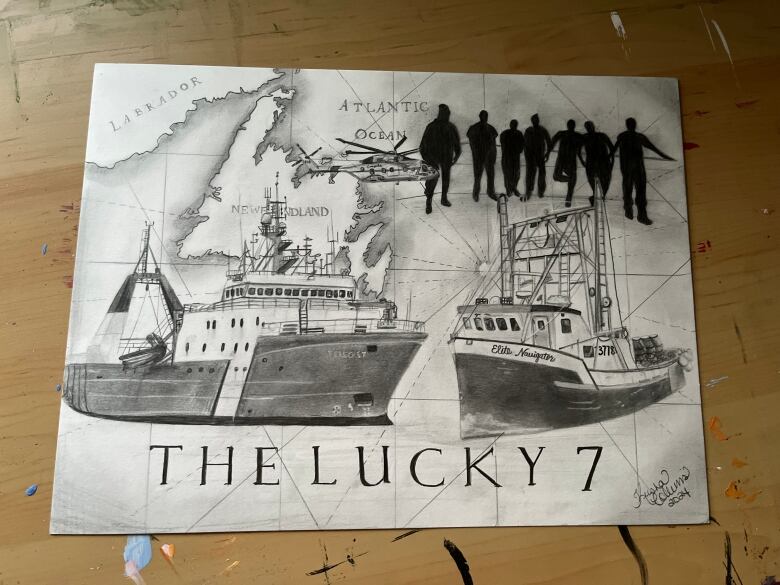 A drawing showing the province of Newfoundland and Labrador, two boats and a silhouette of seven people.